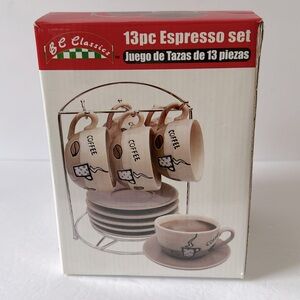 NEW BC Classics 13 Piece Espresso Porcelain Coffee Cups Saucers Stand Rack